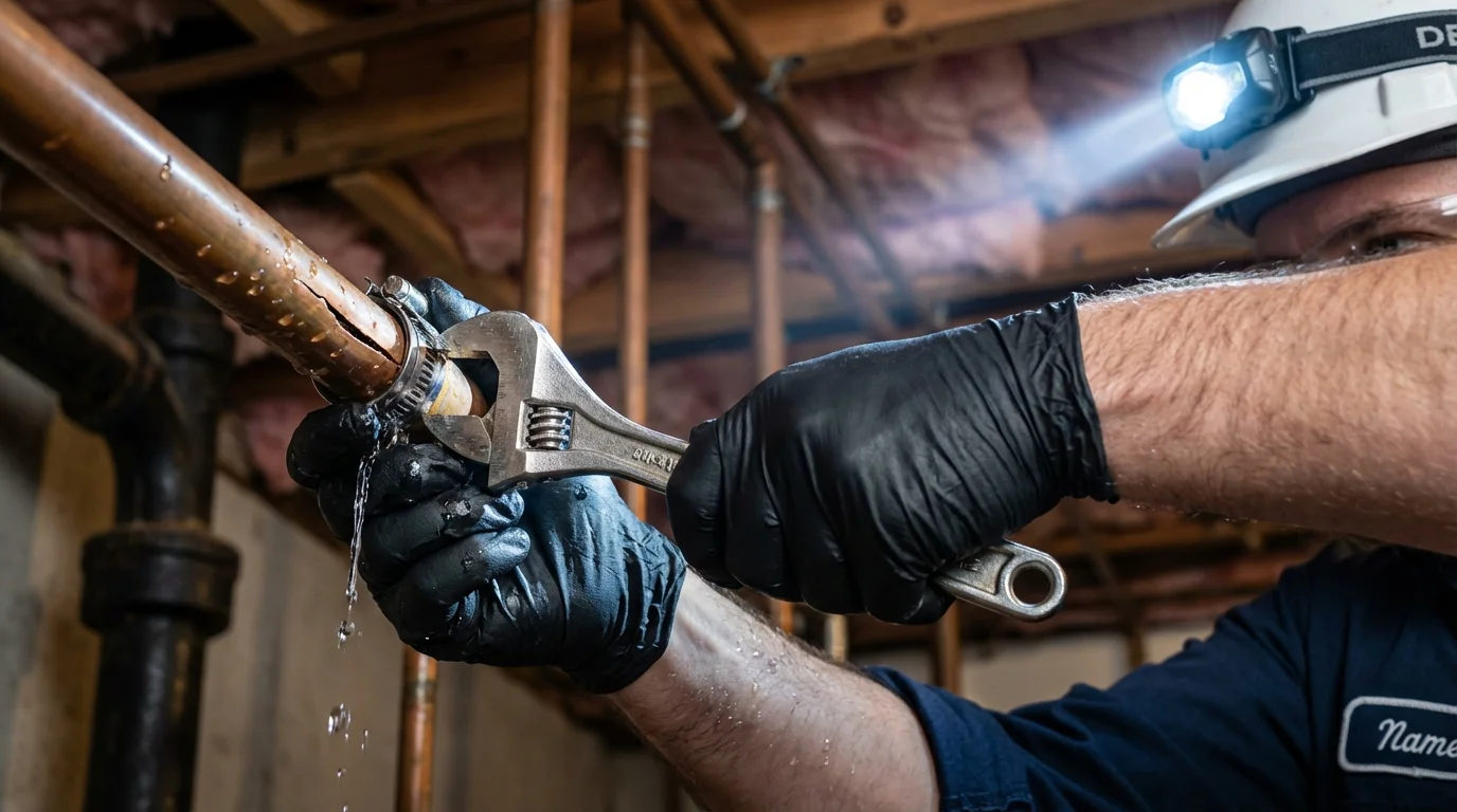 Emergency pipe clamp repair being performed by a Johns Plumbing LLC plumber in Delaware City