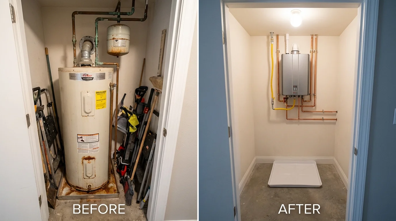 Tank water heater versus wall-mounted tankless unit comparison for Delaware City, DE homeowners