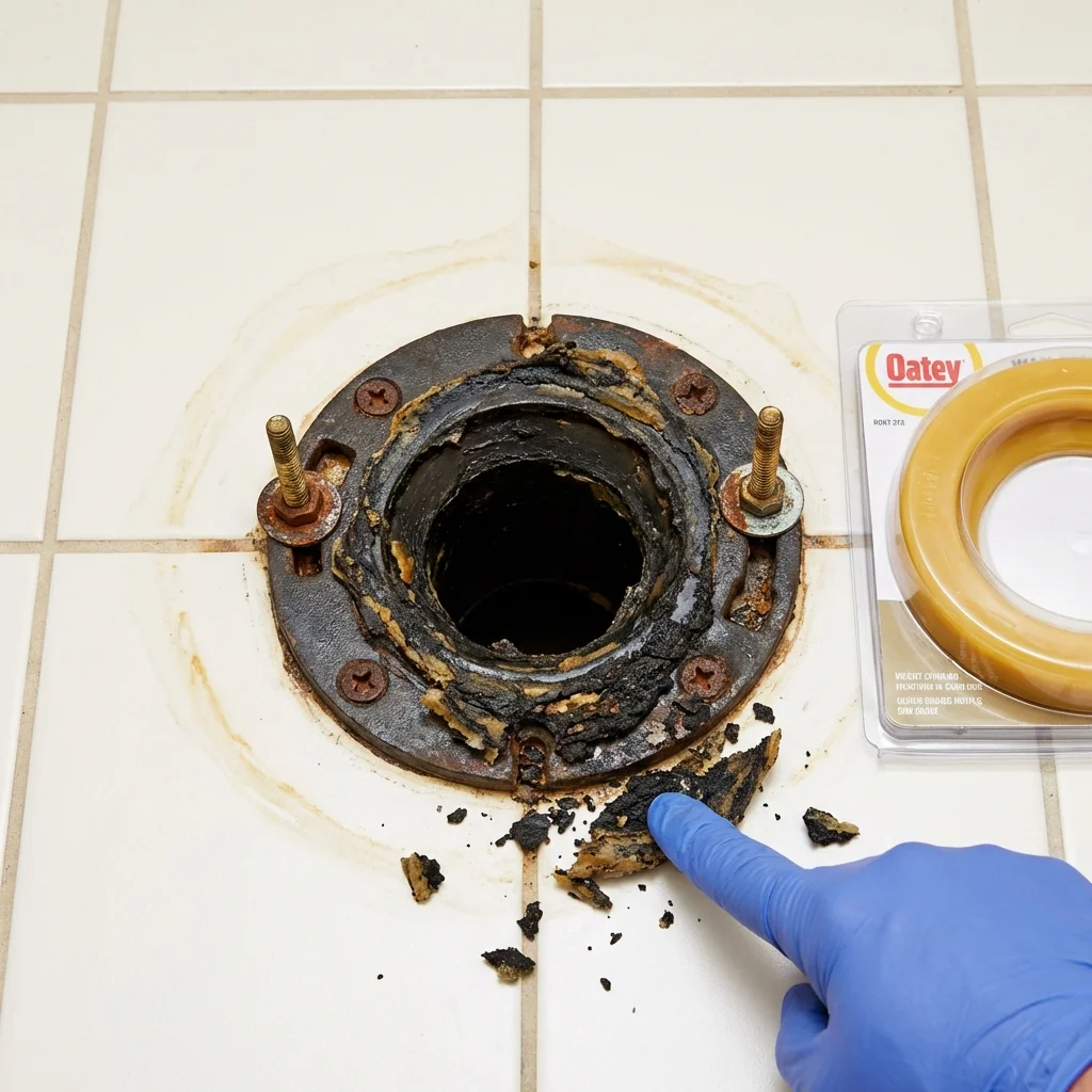 Failed wax ring showing water seepage at the base of a toilet in a Delaware City, DE home