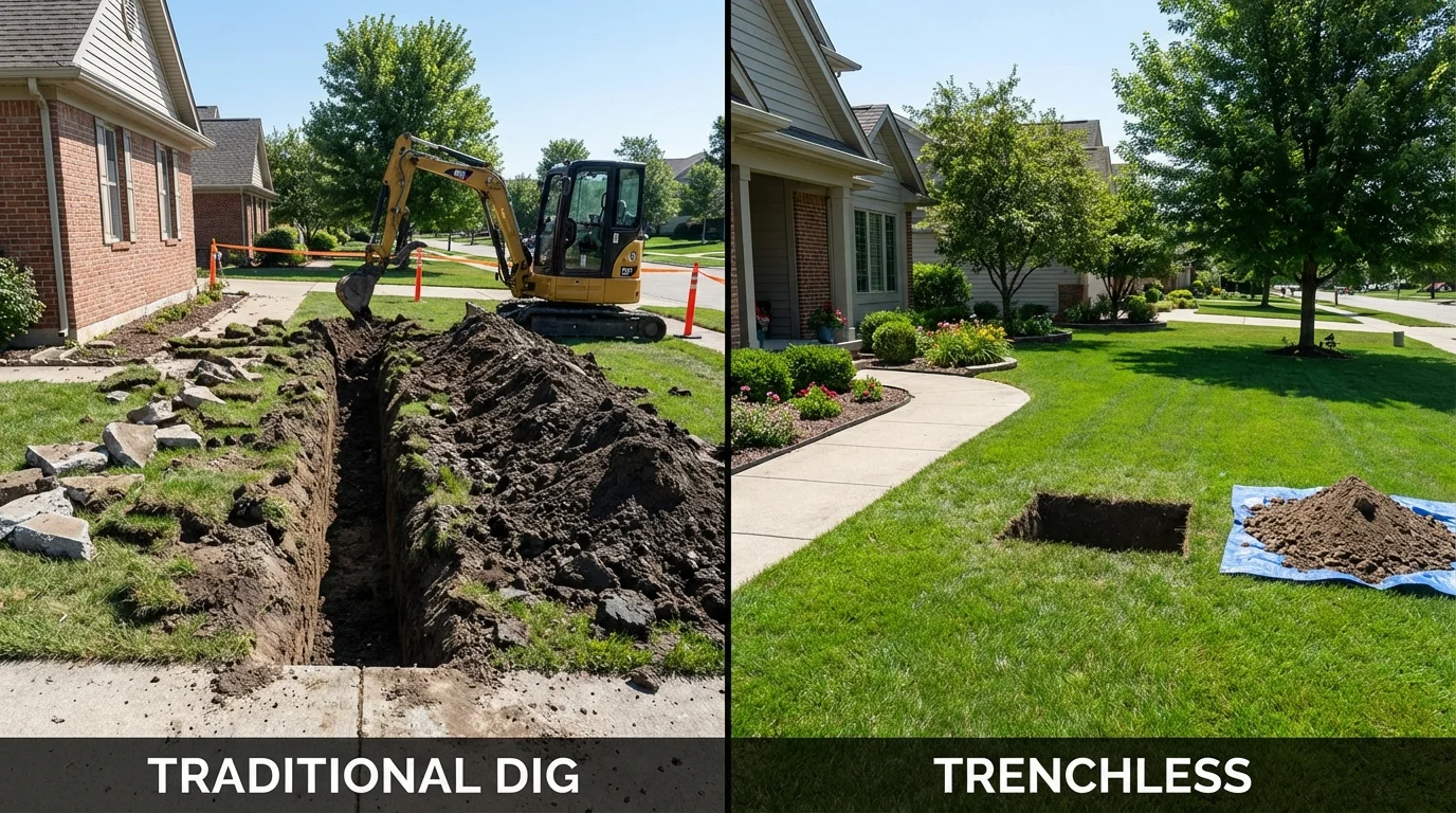 Trenchless sewer repair with minimal yard damage versus traditional excavation in Delaware City, DE