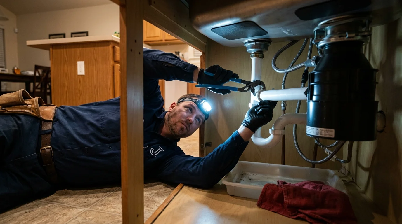P-trap and supply line connections under a kitchen sink showing a common leak point in Delaware City, DE